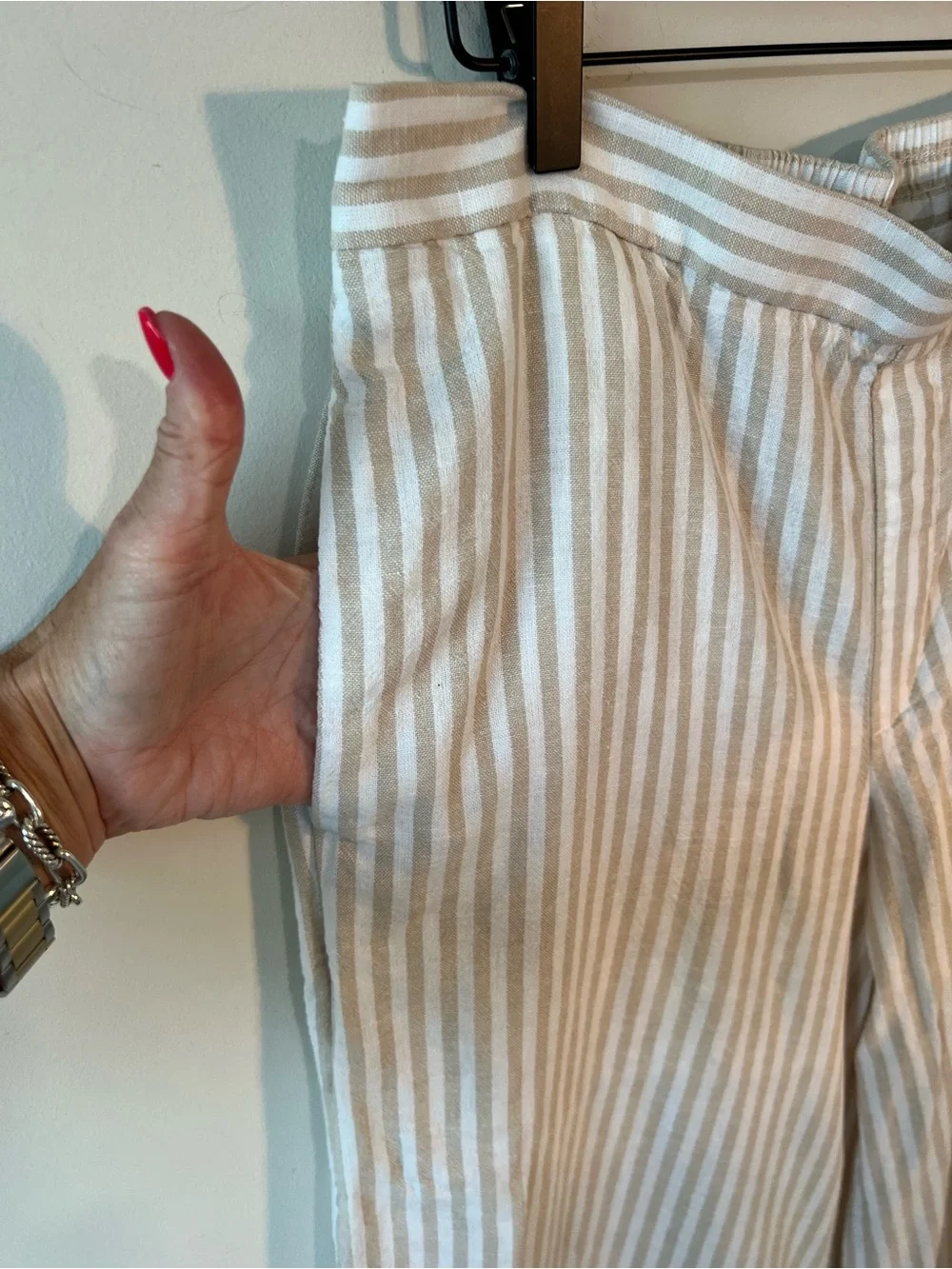 Banana Republic Striped Wide-Leg Linen Elasticized Pants Khaki White Cropped